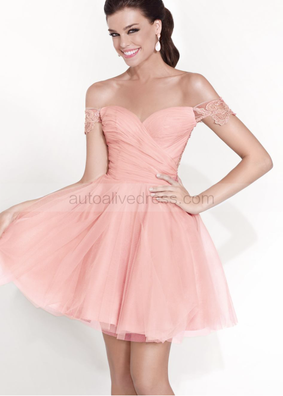 Off shoulder Lace Chiffon Short Prom Dress 